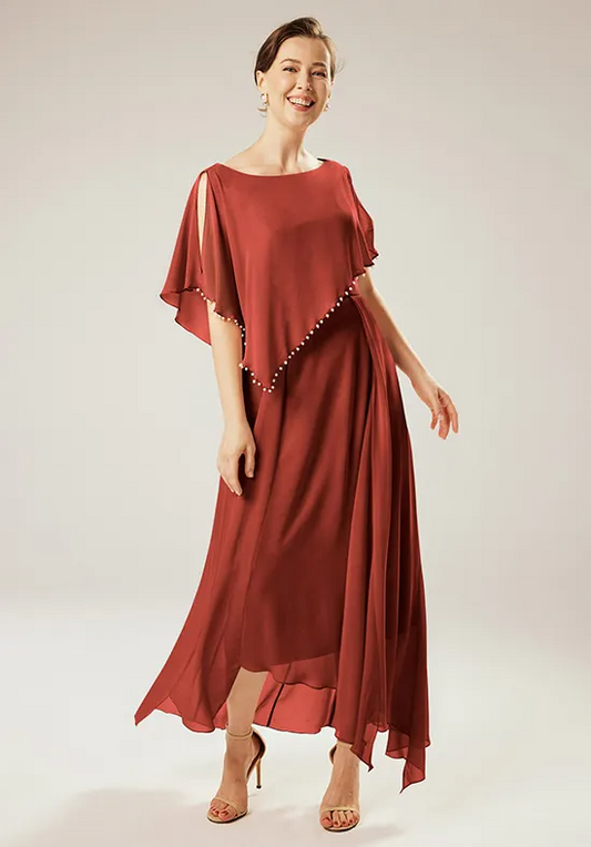Capelet Chiffon Boat Neck Pearl Trim Asymmetrical Hem Floor-Length Mother of the Bride Dresses