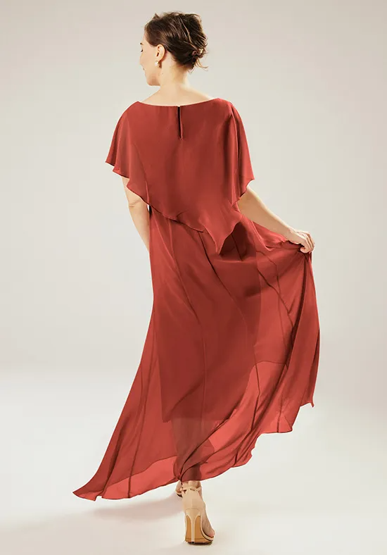 Elegant Chiffon A-Line Boat Neck Pearl Trim Asymmetrical Floor-Length Mother of the Bride Dress