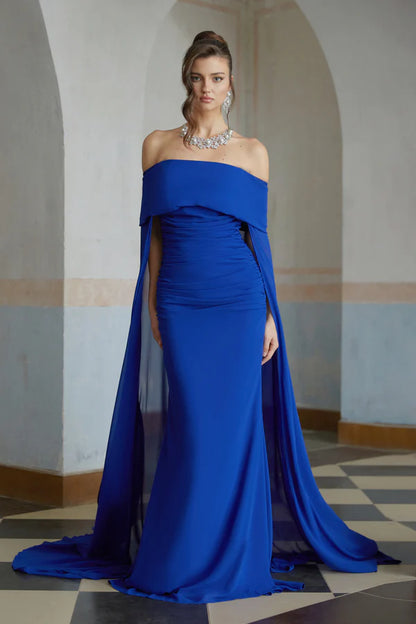 Capelet Chiffon Mermaid Off The Shoulder Floor Length Evening Dress with Train