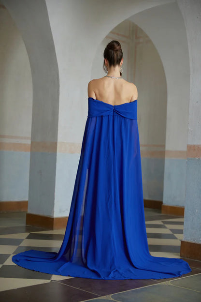 Capelet Chiffon Mermaid Off The Shoulder Floor Length Evening Dress with Train