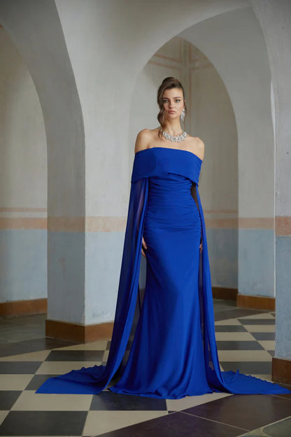 Capelet Chiffon Mermaid Off The Shoulder Floor Length Evening Dress with Train