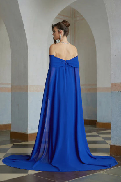Capelet Chiffon Mermaid Off The Shoulder Floor Length Evening Dress with Train