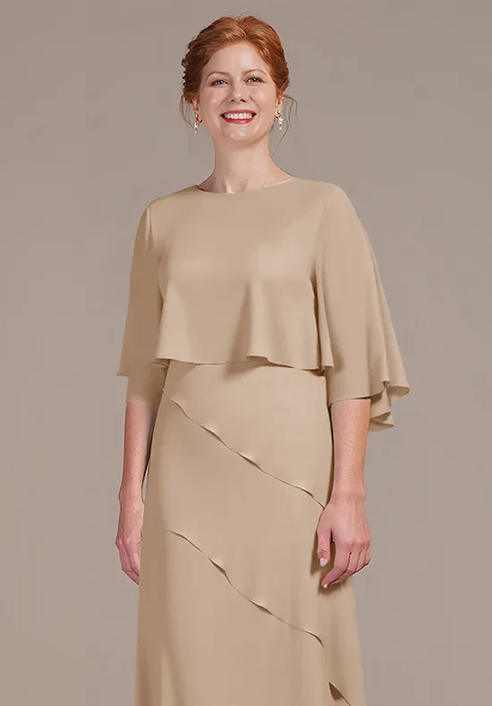 Elegant Chiffon A-Line Capelet Round Neck Ruffle Floor-Length Mother of the Bride Dress