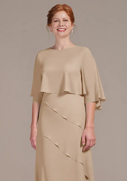 Elegant Chiffon A-Line Capelet Round Neck Ruffle Floor-Length Mother of the Bride Dress