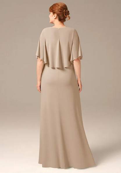 Elegant Chiffon A-Line Capelet Round Neck Ruffle Floor-Length Mother of the Bride Dress