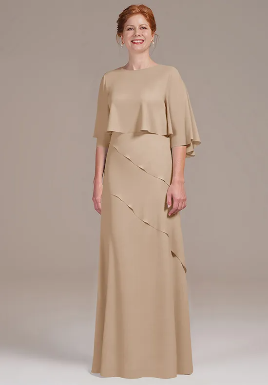 Elegant Chiffon A-Line Capelet Round Neck Ruffle Floor-Length Mother of the Bride Dress
