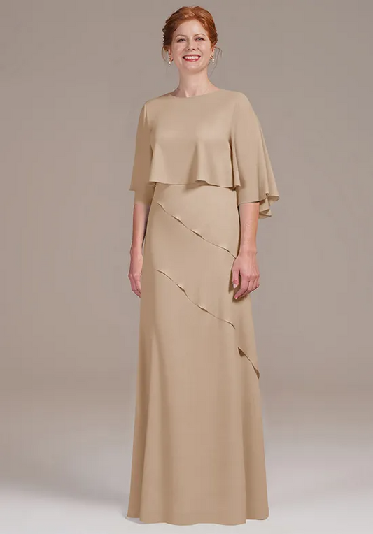 Capelet Chiffon Round Neck Diagonal Ruffle Floor-Length Mother of the Bride Dresses