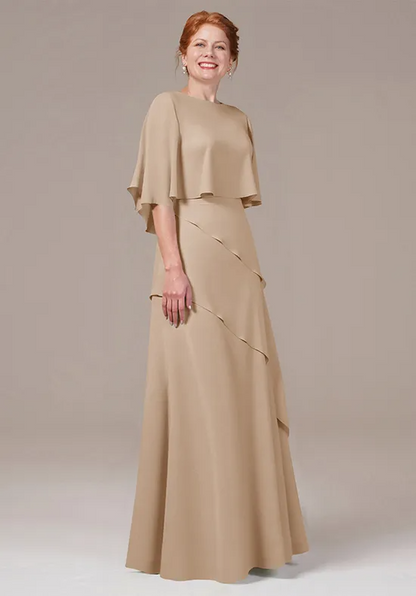 Elegant Chiffon A-Line Capelet Round Neck Ruffle Floor-Length Mother of the Bride Dress