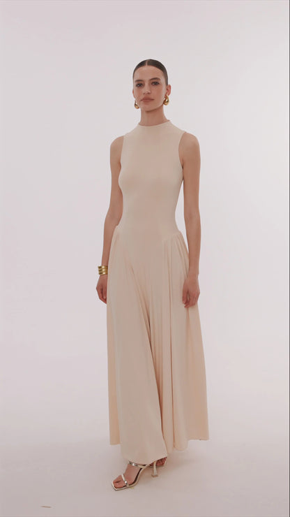 Champagne Evening Dress with V-Neck, Ruched Bodice and High Side Slit