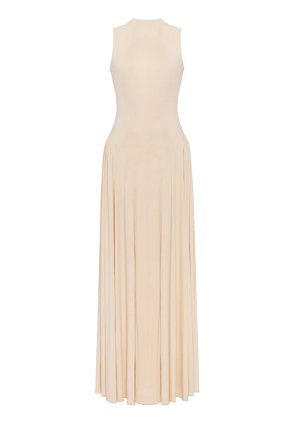Champagne Evening Dress with V-Neck, Ruched Bodice and High Side Slit