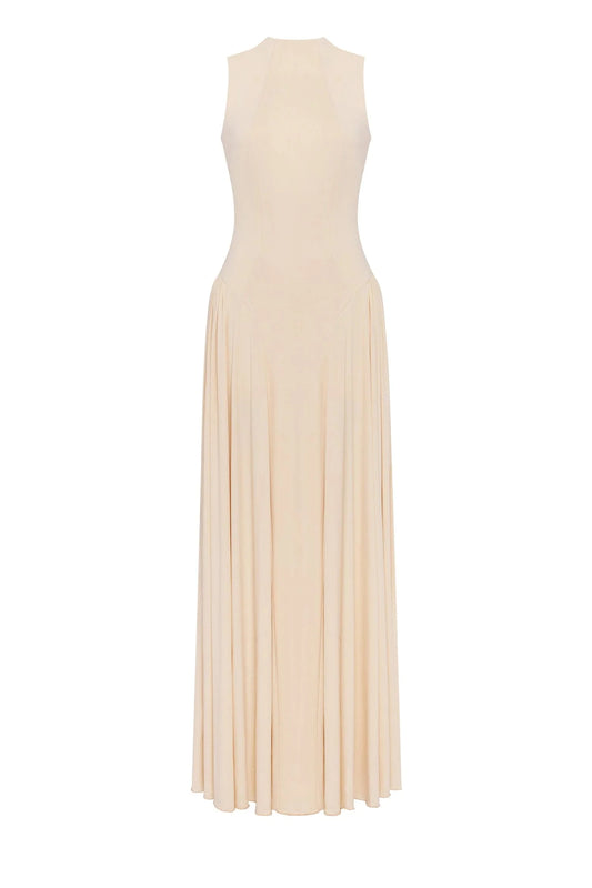 Champagne Evening Dress with V-Neck, Ruched Bodice and High Side Slit