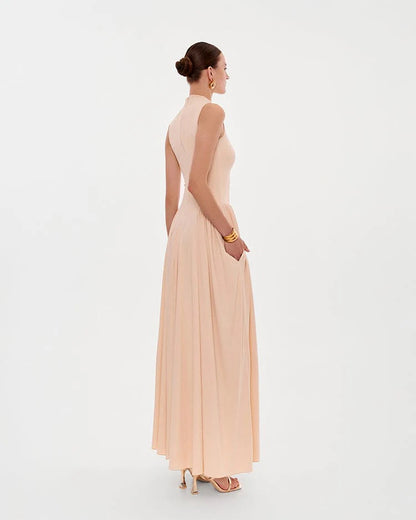 Champagne Evening Dress with V-Neck, Ruched Bodice and High Side Slit