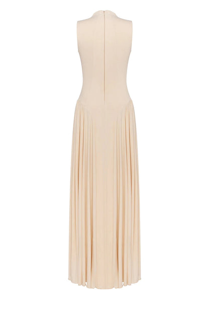 Champagne Evening Dress with V-Neck, Ruched Bodice and High Side Slit