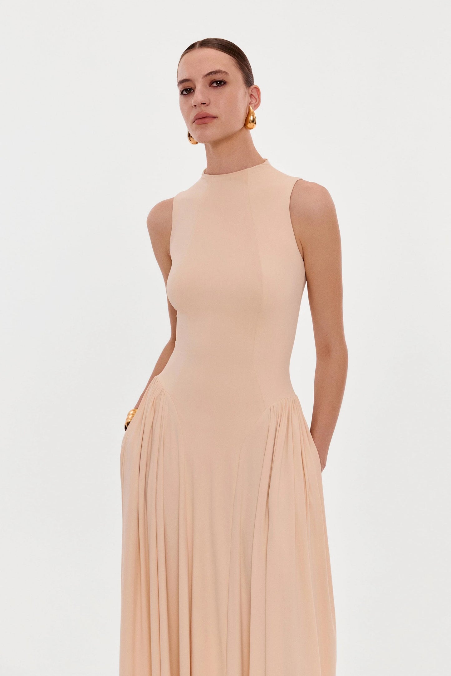 Champagne Evening Dress with V-Neck, Ruched Bodice and High Side Slit