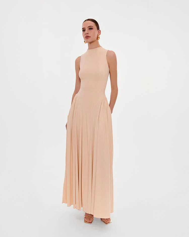 Champagne Evening Dress with V-Neck, Ruched Bodice and High Side Slit