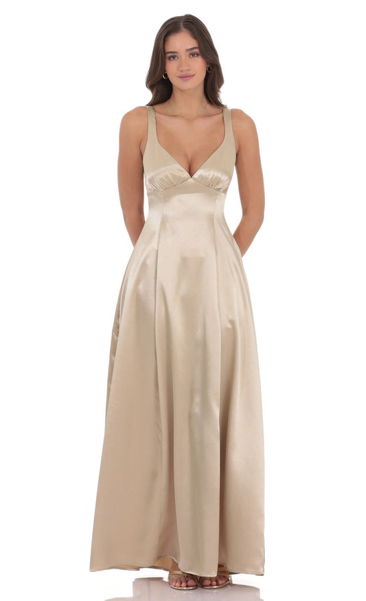 Champagne Gold Satin V-neck Wide Strap Tie-back Bow Open Back Floor-length Evening Dresses