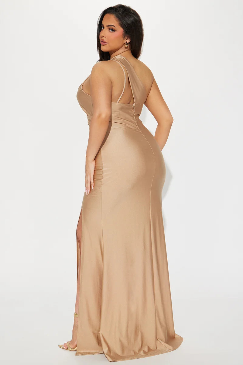 Champagne One Shoulder Cutout Ruched Satin Mermaid Slit Evening Dress