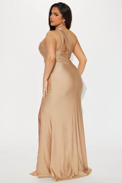 Champagne One Shoulder Cutout Ruched Satin Mermaid Slit Evening Dress
