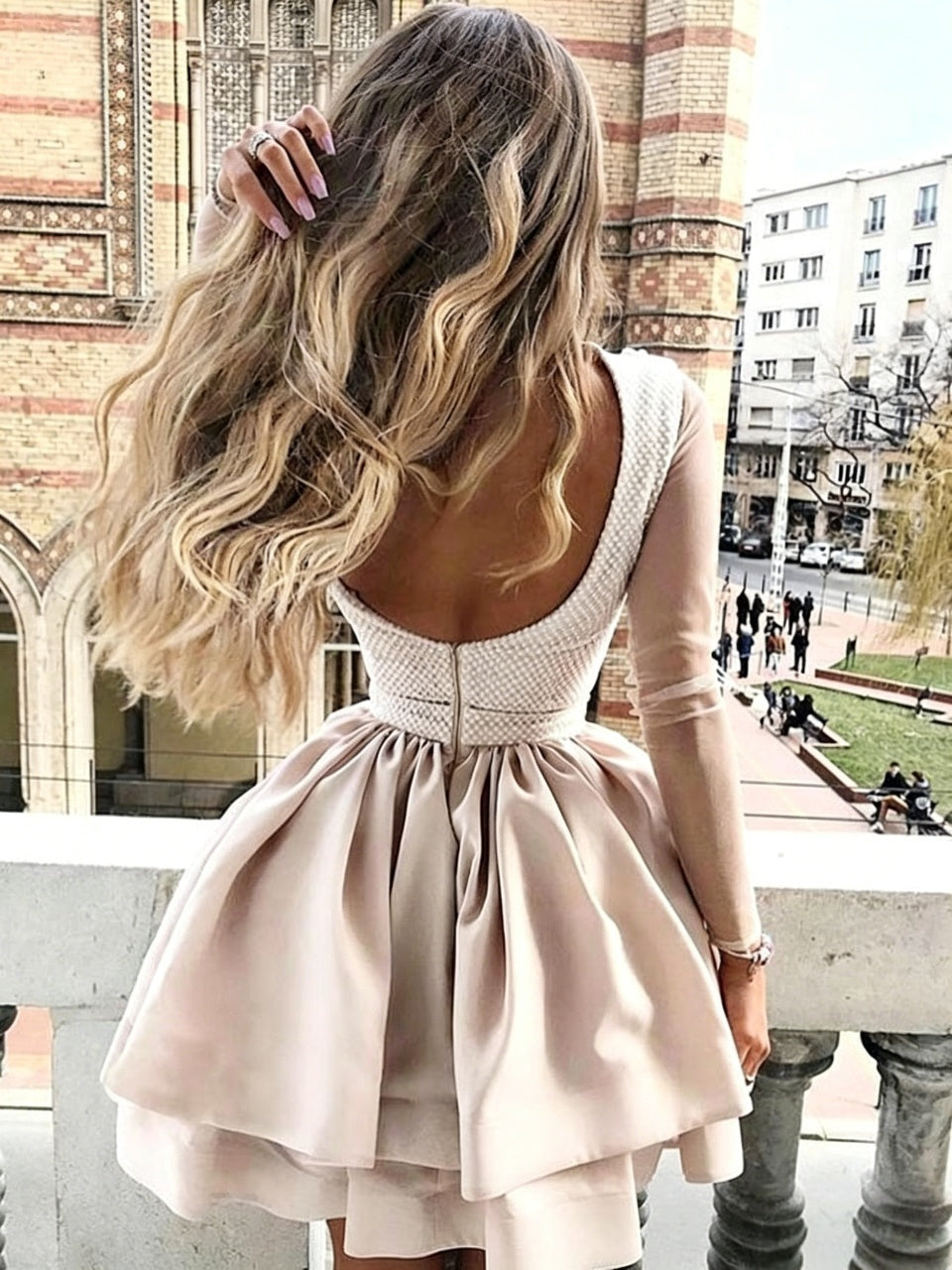 Champagne Satin Lace High Neck Pearl Belt Sheer Long Sleeve Low Back Mini Homecoming Dresses