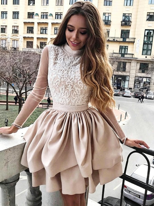 Champagne Satin Lace High Neck Pearl Belt Sheer Long Sleeve Low Back Mini Homecoming Dresses