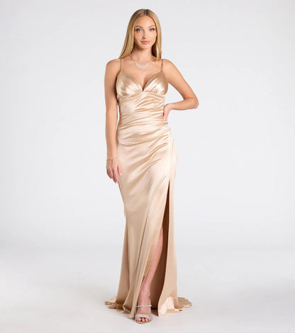 Elegant Satin Mermaid V-Neck Ruched High Slit Champagne Floor Length Evening Dress