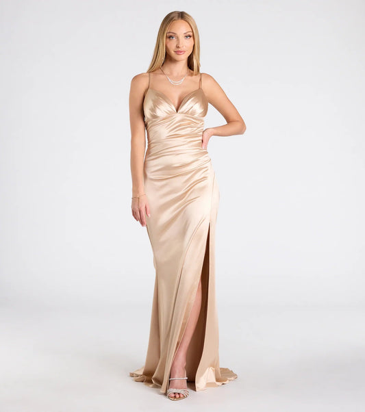 Champagne Satin Spaghetti Strap V-Neck Ruched High Slit Mermaid Floor Length Evening Dresses