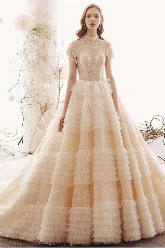 Champagne A-line High Neck Cap Sleeve Beaded Ruffle Tiered Cathedral Train Wedding Dress