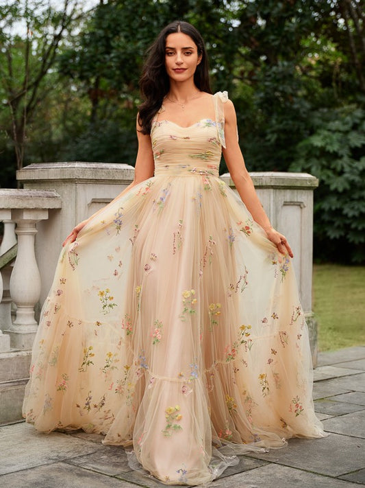 Champagne A-line Tie Spaghetti Strap Floral Embroidery Tulle Floor Length Formal Party Dress