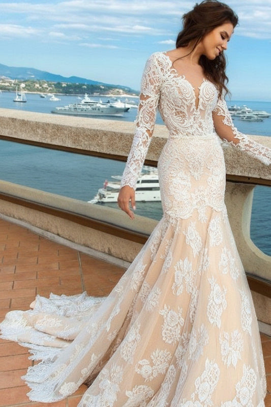 Champagne Mermaid V Neck Long Sleeve Low Back Lace Applique Train Wedding Dress