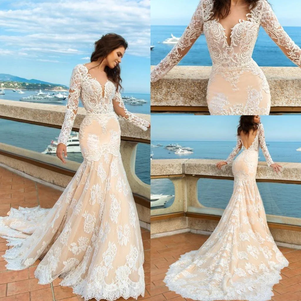 Champagne Mermaid V Neck Long Sleeve Low Back Lace Applique Train Wedding Dress