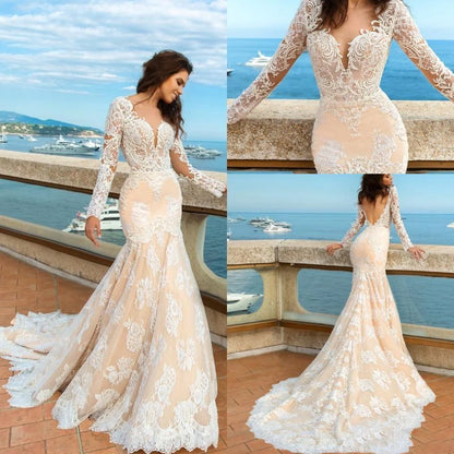 Champagne Mermaid V Neck Long Sleeve Low Back Lace Applique Train Wedding Dress