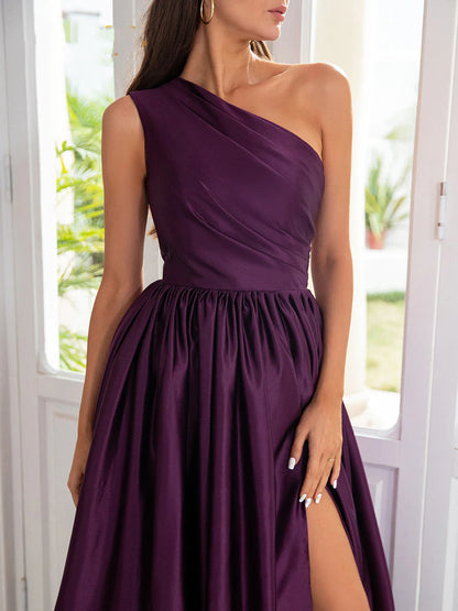 Charming A-Line Satin One Shoulder Purple Prom Dresses With Side Split