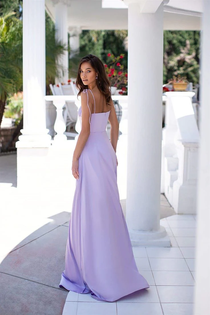 Charming A-Line Straight Neck Spaghetti Straps Open Back Slit Floor Length Prom Dress
