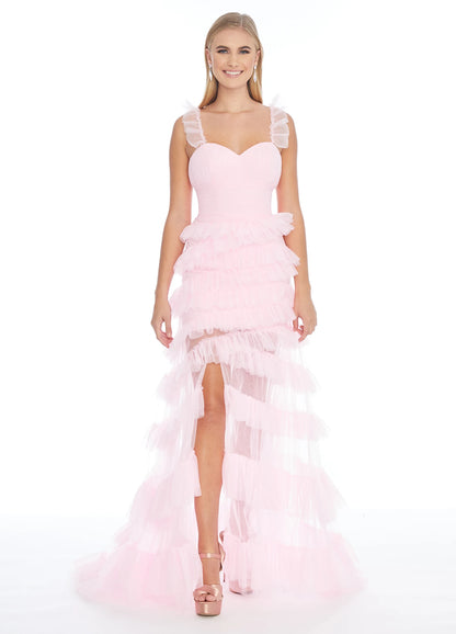 Charming A-Line Sweetheart Sleeveless Tiered Ruffle Pink Maxi Prom Dresses