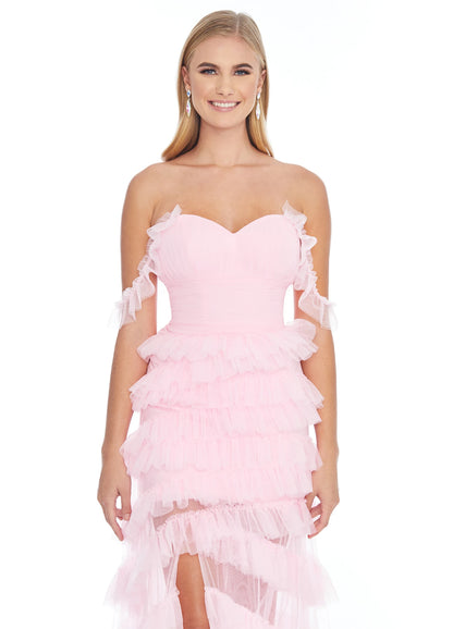Charming A-Line Sweetheart Sleeveless Tiered Ruffle Pink Maxi Prom Dresses