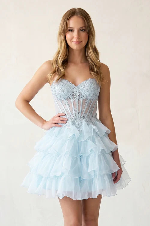 Charming A-Line Sweetheart Strapless Lace-Up Back Short Tiered Organza Homecoming Dresses