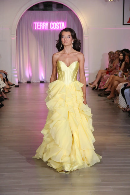 Charming A-Line Sweetheart Strapless Ruffled Corset Yellow Long Prom Dresses Gown