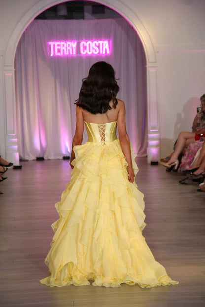 Charming A-Line Sweetheart Strapless Ruffled Corset Yellow Long Prom Dresses Gown
