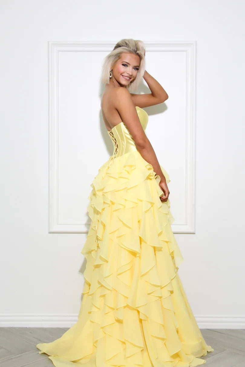 Charming A-Line Sweetheart Strapless Ruffled Corset Yellow Long Prom Dresses Gown