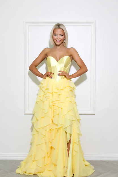 Charming A-Line Sweetheart Strapless Ruffled Corset Yellow Long Prom Dresses Gown