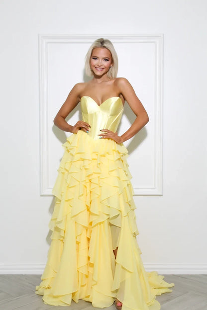 Charming A-Line Sweetheart Strapless Ruffled Corset Yellow Long Prom Dresses Gown
