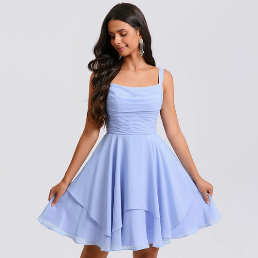Charming Chiffon A-Line Cowl Neck Sleeveless Lace-Up Back Above Knee Homecoming Dresses