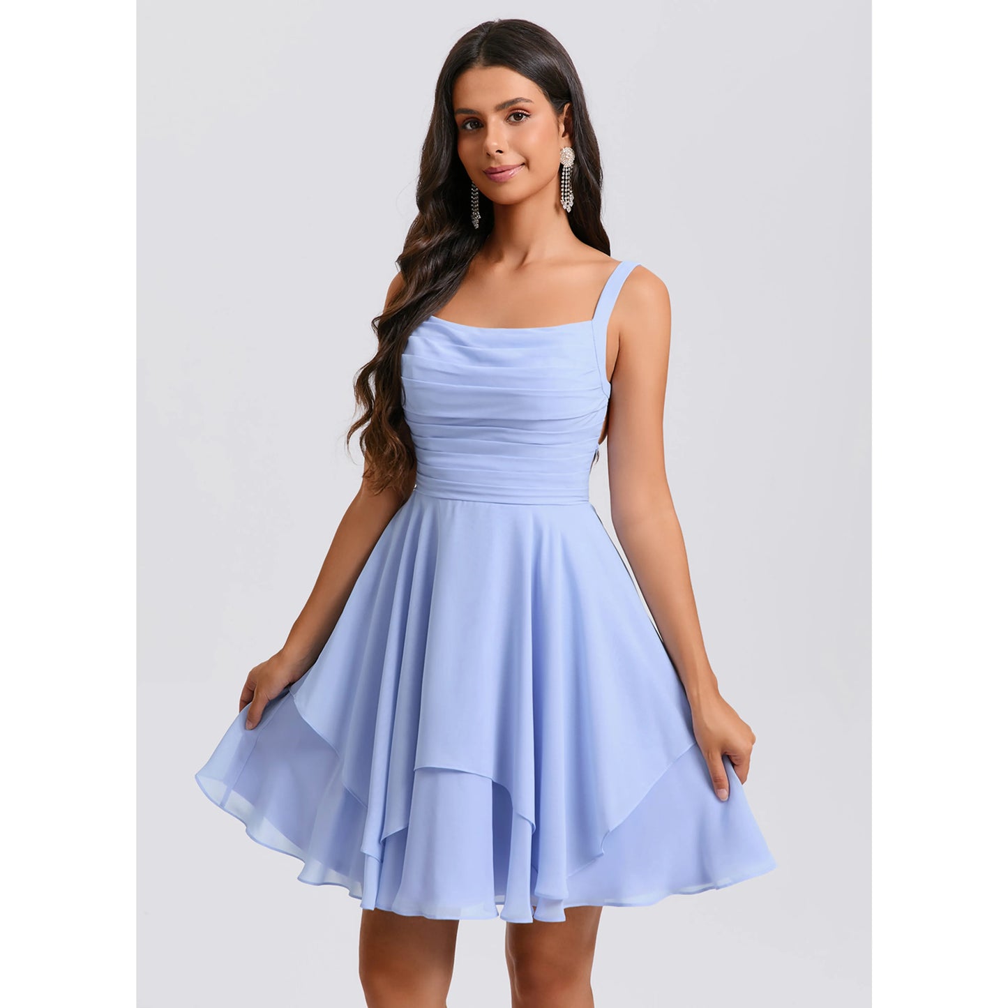 Charming Chiffon A-Line Cowl Neck Sleeveless Lace-Up Back Above Knee Homecoming Dresses