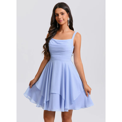 Charming Chiffon A-Line Cowl Neck Sleeveless Lace-Up Back Above Knee Homecoming Dresses
