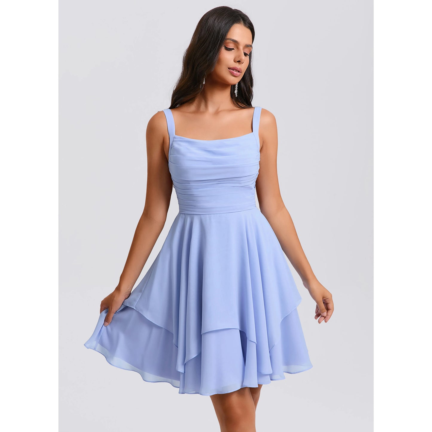 Charming Chiffon A-Line Cowl Neck Sleeveless Lace-Up Back Above Knee Homecoming Dresses