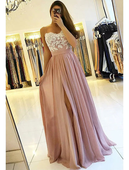 Charming Chiffon A-Line High Slit Sweetheart Spaghetti Strap Open Back Floor-Length Prom Dresses