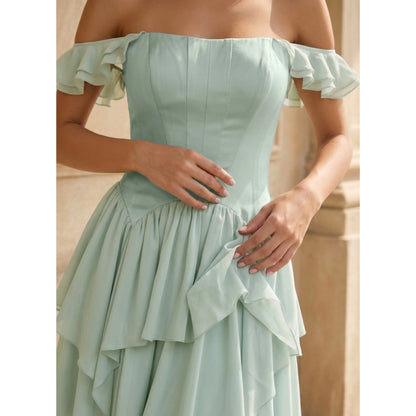 Charming Chiffon A-Line Off-Shoulder Ruffled Sleeves Lace-Up Back Short Homecoming Dresses
