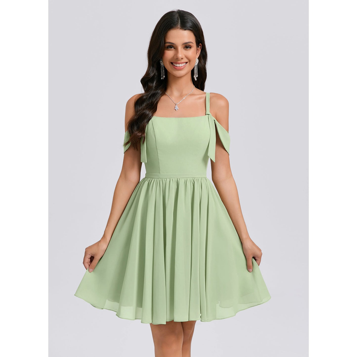 Charming Chiffon A-Line Square Neck Off-Shoulder Straps Zipper Back Short Homecoming Dresses