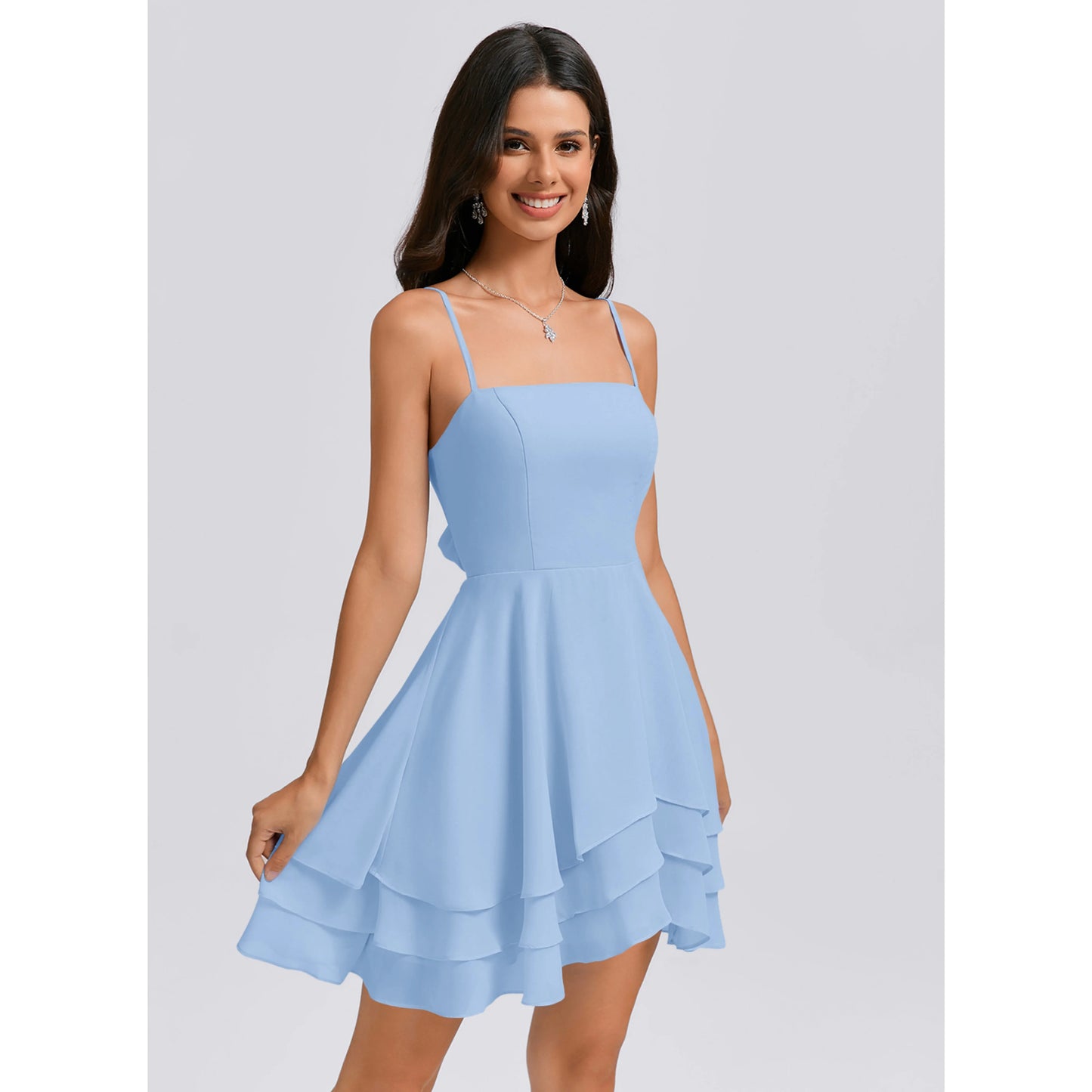 Charming Chiffon A-Line Square Neck Spaghetti Strap Bow Tie Back Short Homecoming Dresses