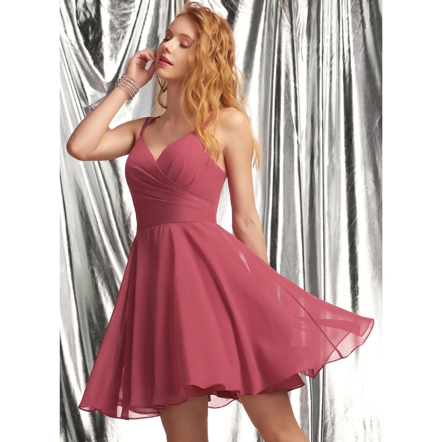Charming Chiffon A-Line V-Neck Spaghetti Strap Criss-Cross Back Short Homecoming Dresses
